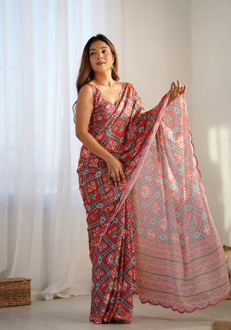 Rust Embellished Chinon Saree Set