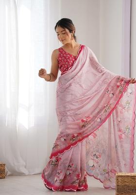 Pink Embellished Chinon Saree Set