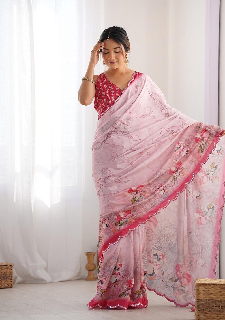 Pink Embellished Chinon Saree Set - Indya