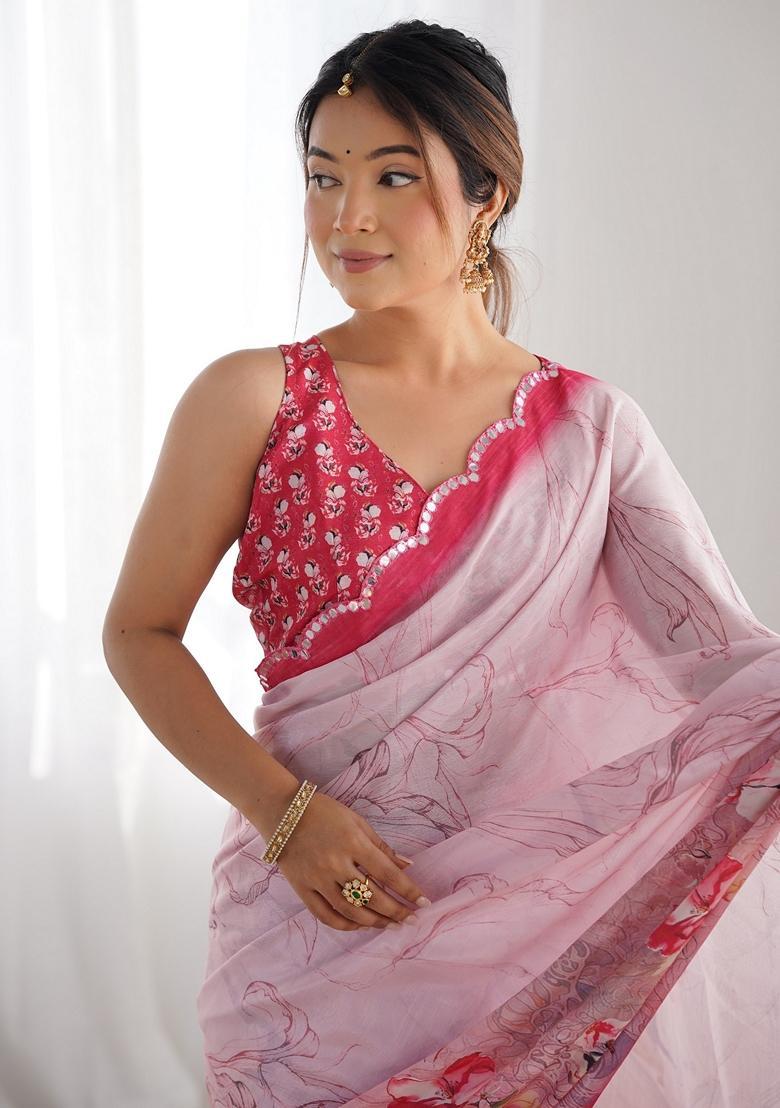 Pink Embellished Chinon Saree Set - Indya