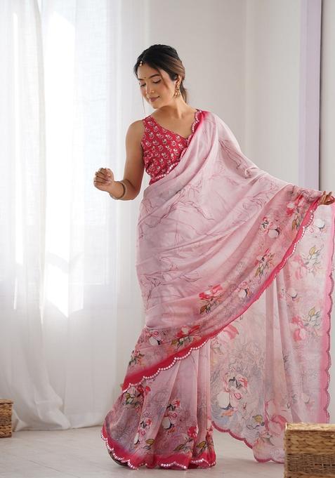 Pink Embellished Chinon Saree Set