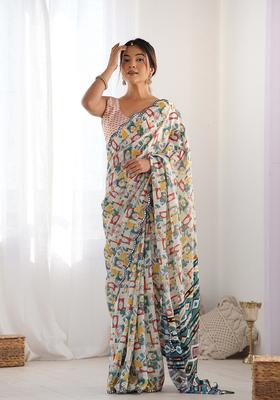 White Embellished Chinon Saree Set