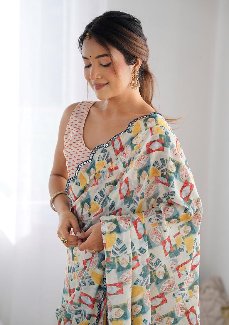 White Embellished Chinon Saree Set - Indya