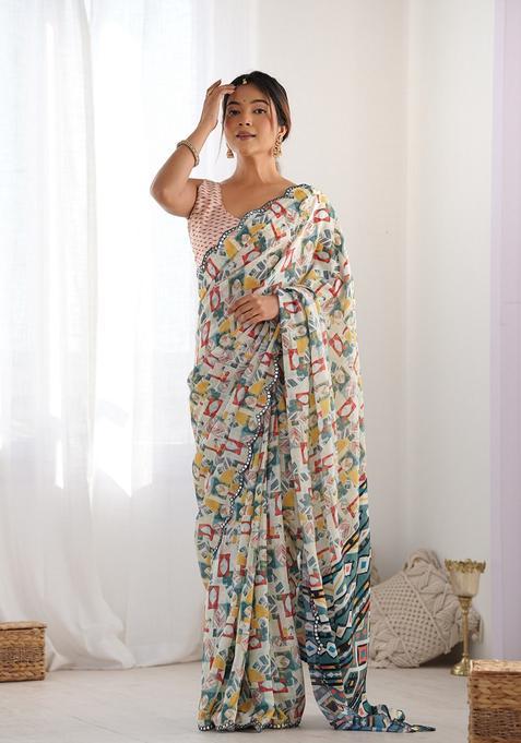 White Embellished Chinon Saree Set