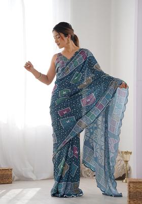 Blue Embellished Chinon Saree Set