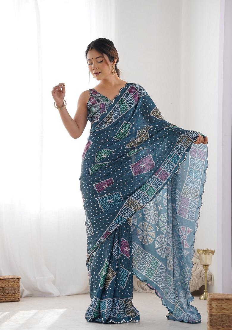 Blue Embellished Chinon Saree Set - Indya