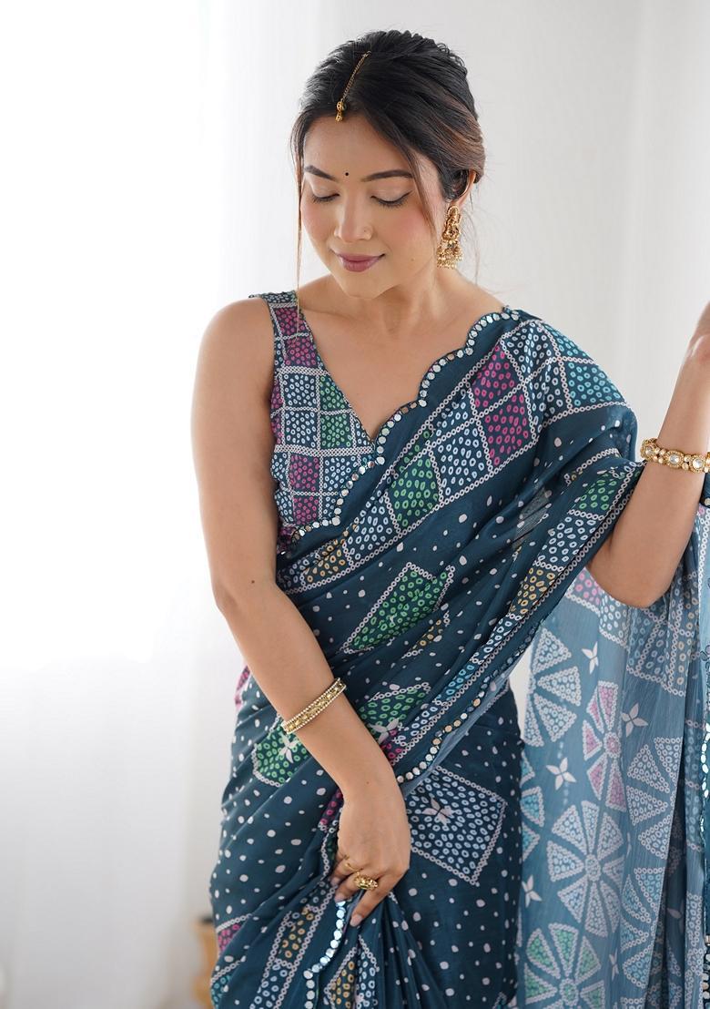 Blue Embellished Chinon Saree Set - Indya