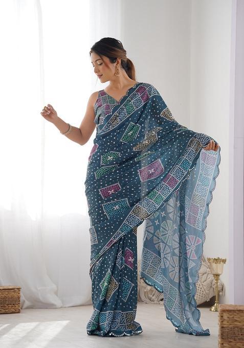 Blue Embellished Chinon Saree Set