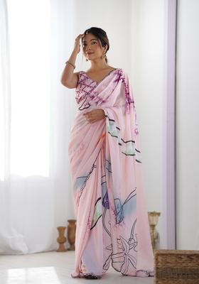 Pink Embellished Chinon Saree Set