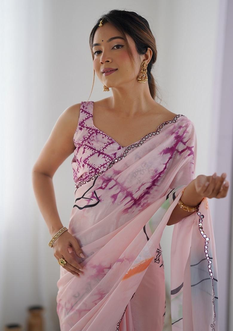 Pink Embellished Chinon Saree Set - Indya