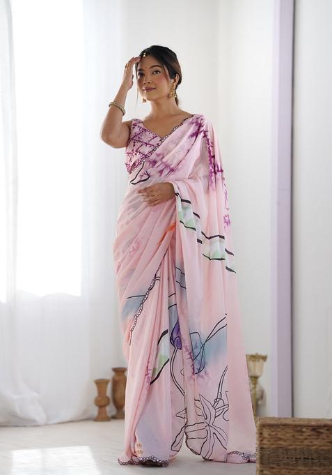 Pink Embellished Chinon Saree Set