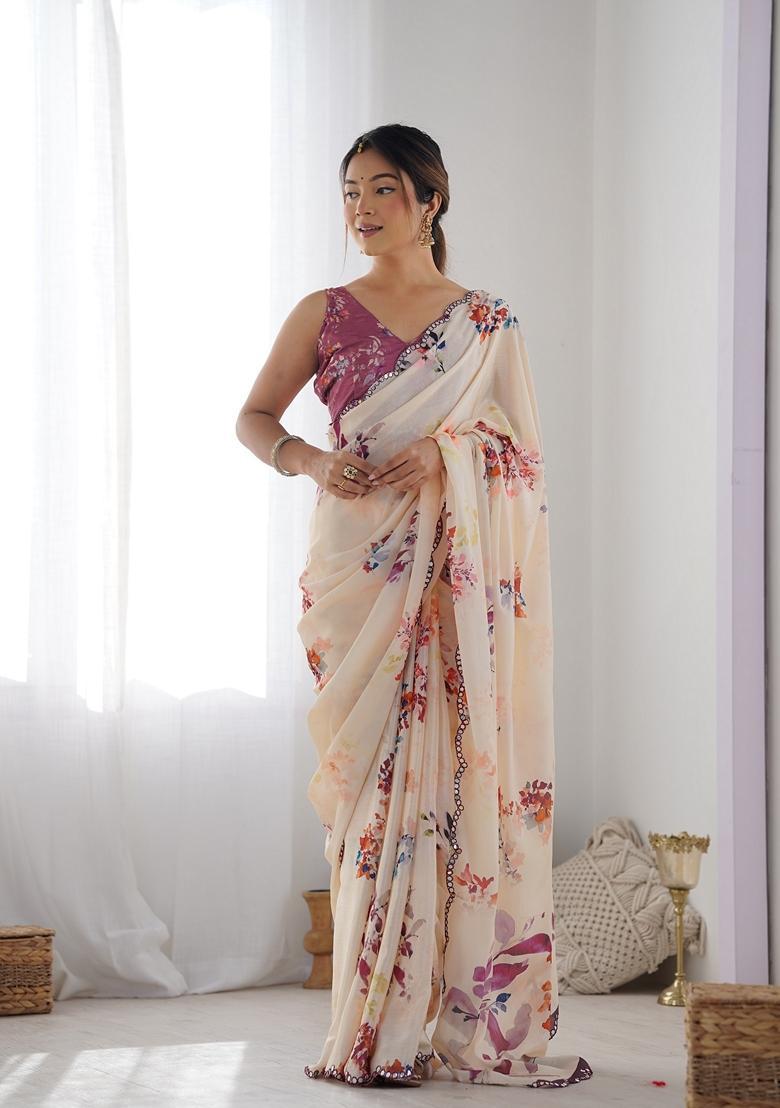 Cream Embellished Chinon Saree Set - Indya
