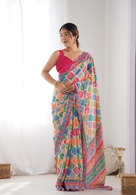 Multicolor Embellished Chinon Saree Set