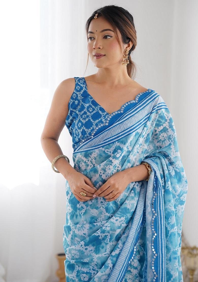 Aqua Embellished Chinon Saree Set - Indya