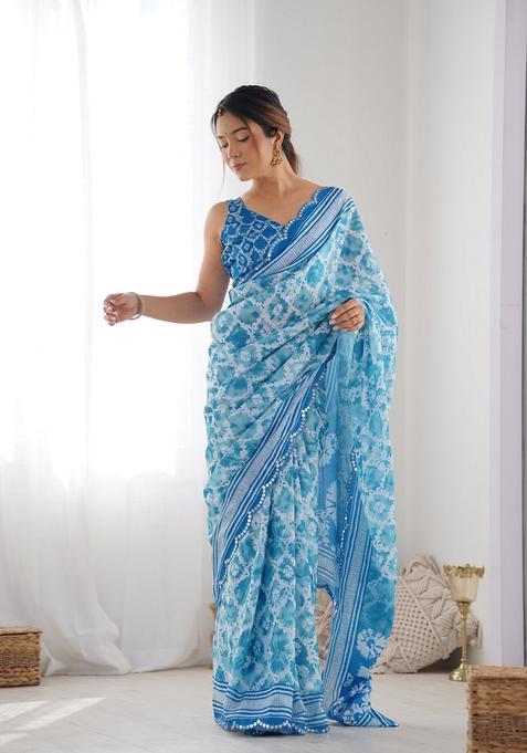 Aqua Embellished Chinon Saree Set