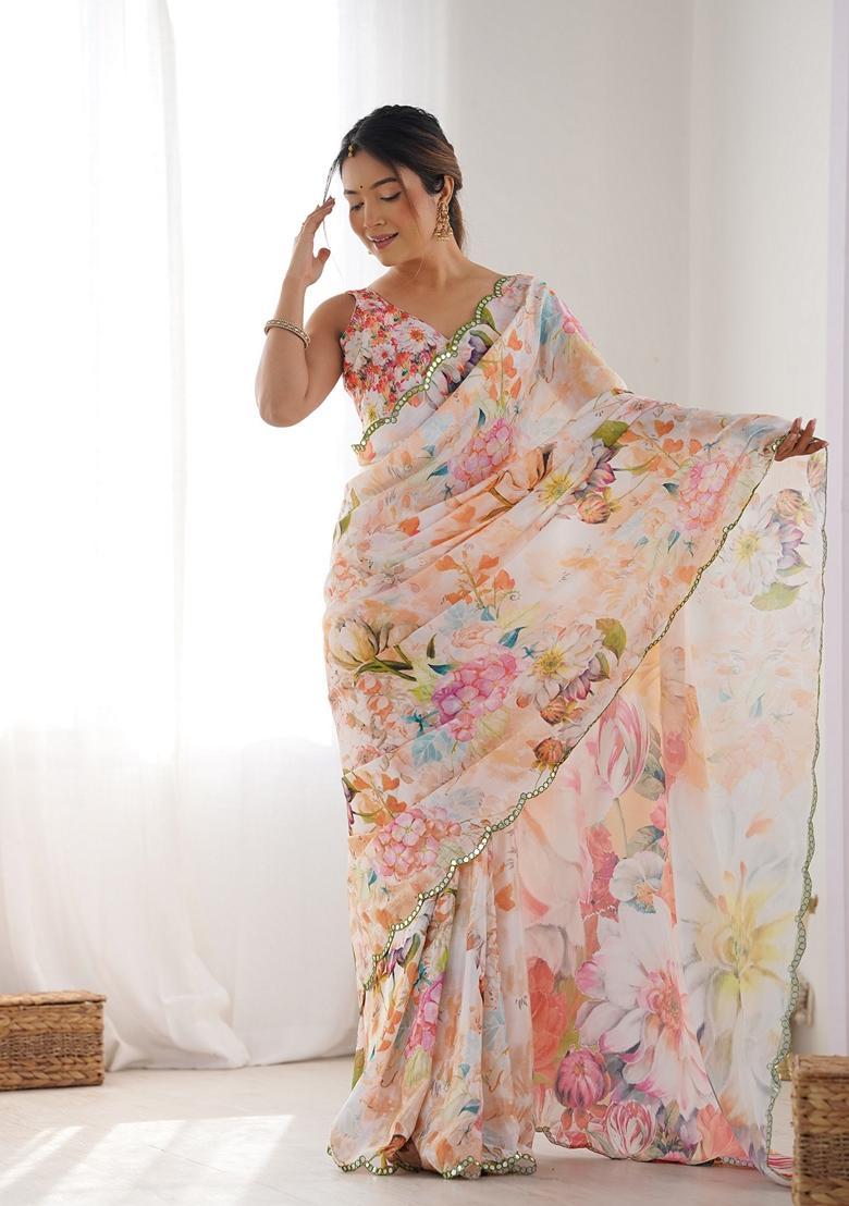 Peach Embellished Chinon Saree Set - Indya
