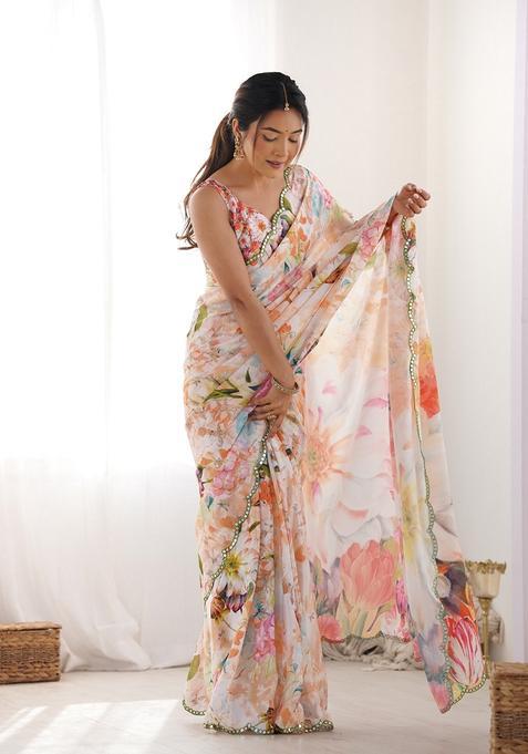 Peach Embellished Chinon Saree Set