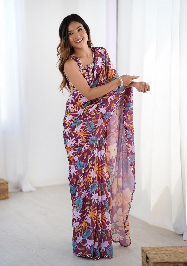 Magenta Embellished Chinon Saree Set - Indya