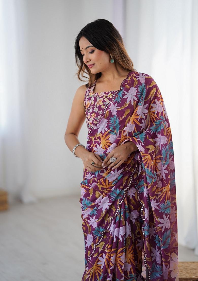 Magenta Embellished Chinon Saree Set - Indya