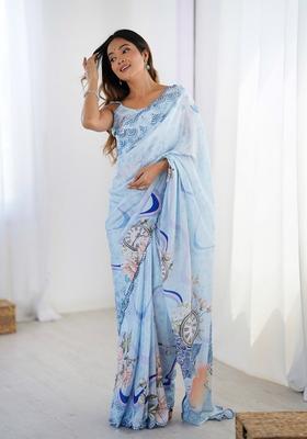 Aqua Embellished Chinon Saree Set