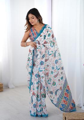 Off White Embellished Chinon Saree Set