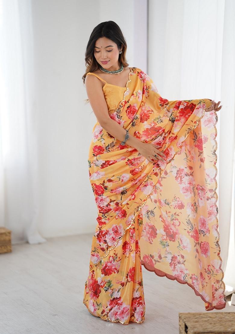 Orange Embellished Chinon Saree Set - Indya