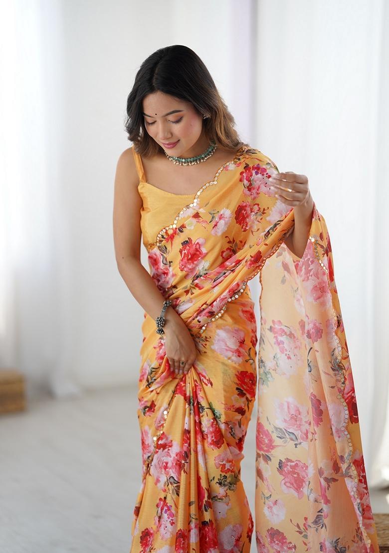 Orange Embellished Chinon Saree Set - Indya