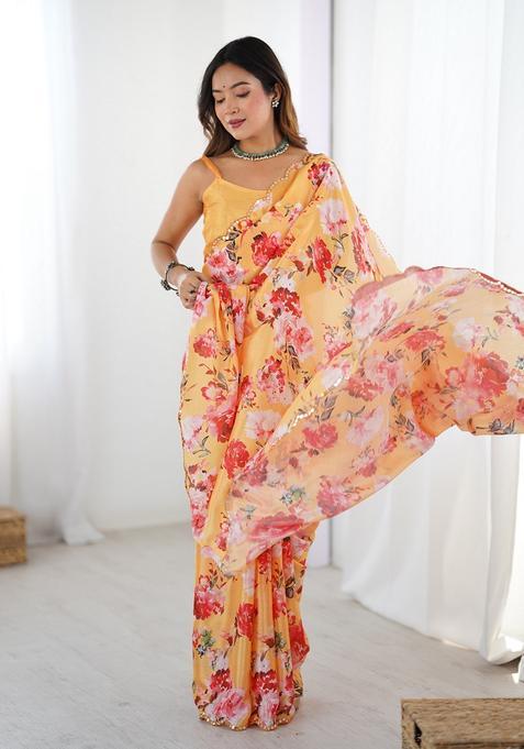 Orange Embellished Chinon Saree Set