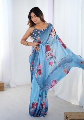 Aqua Embellished Chinon Saree Set