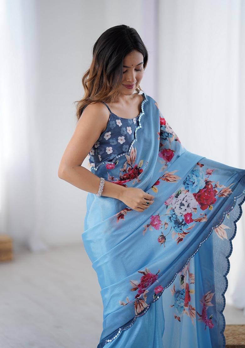 Aqua Embellished Chinon Saree Set - Indya