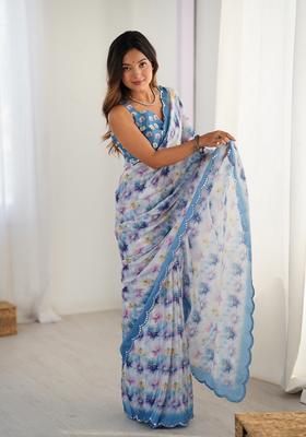 Aqua Embellished Chinon Saree Set