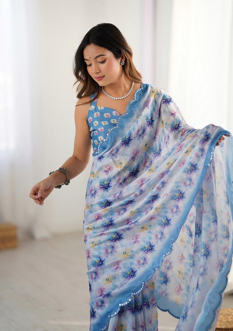 Aqua Embellished Chinon Saree Set - Indya