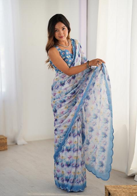 Aqua Embellished Chinon Saree Set