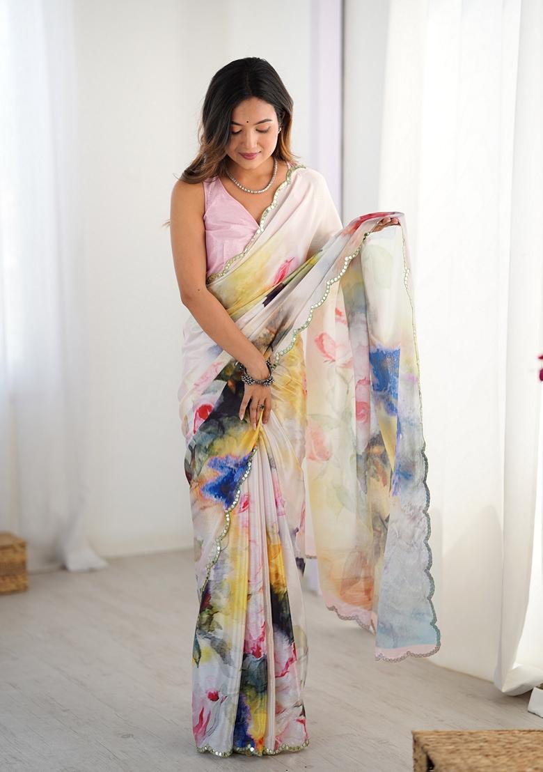 Multicolor Embellished Chinon Saree Set - Indya
