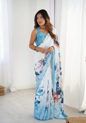 Aqua Embellished Chinon Saree Set
