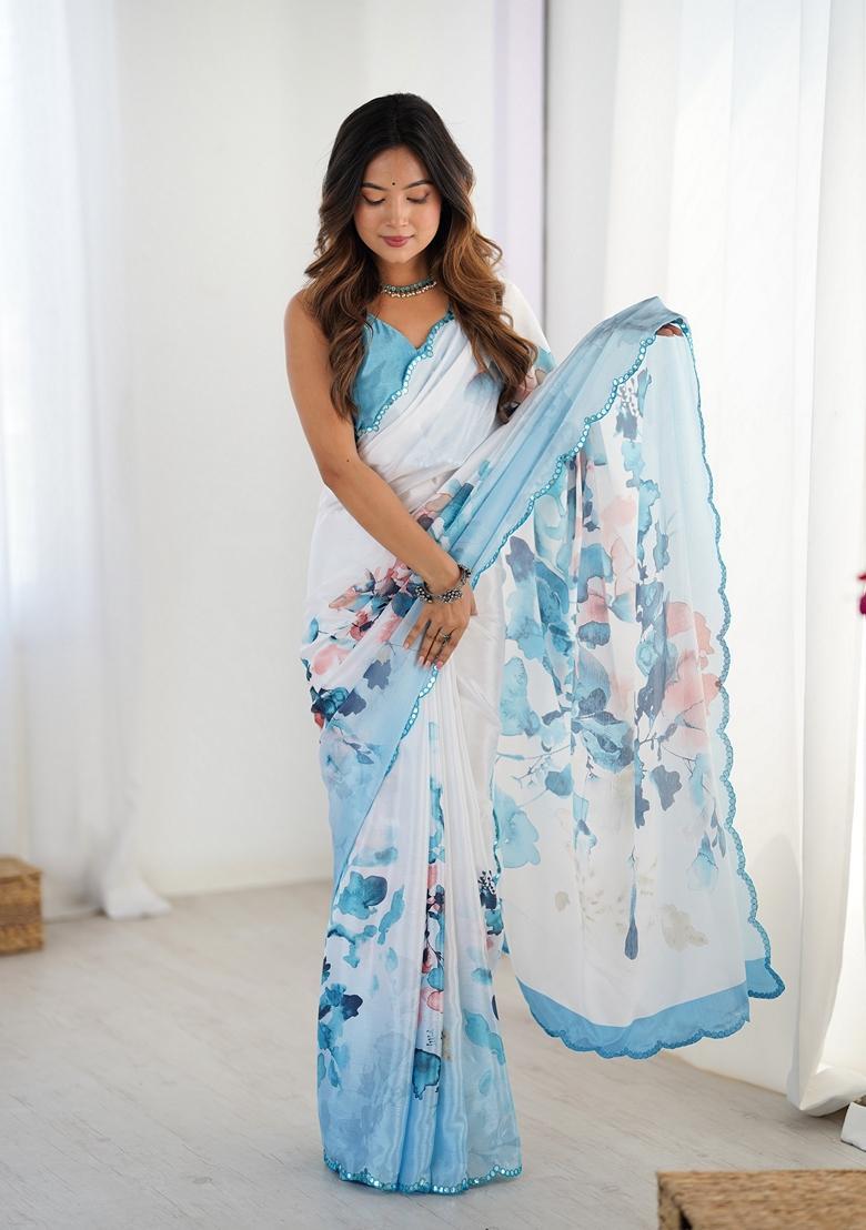 Aqua Embellished Chinon Saree Set - Indya