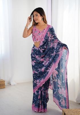 Blue Embellished Chinon Saree Set