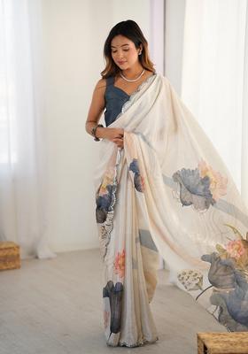 Off White Embellished Chinon Saree Set
