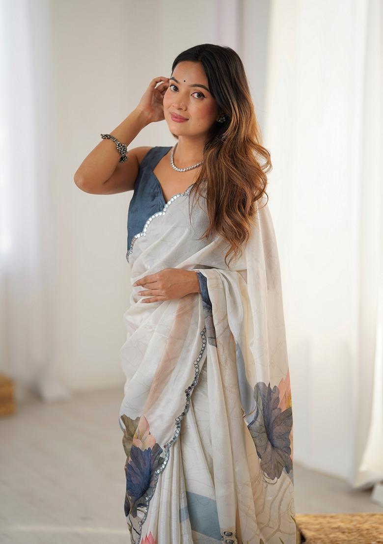 Off White Embellished Chinon Saree Set - Indya