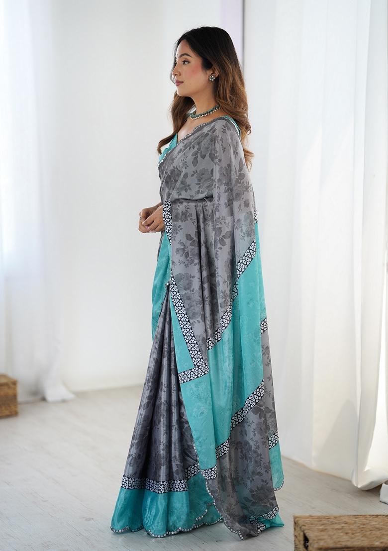 Grey Embellished Chinon Saree Set - Indya