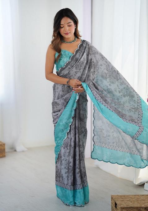 Grey Embellished Chinon Saree Set