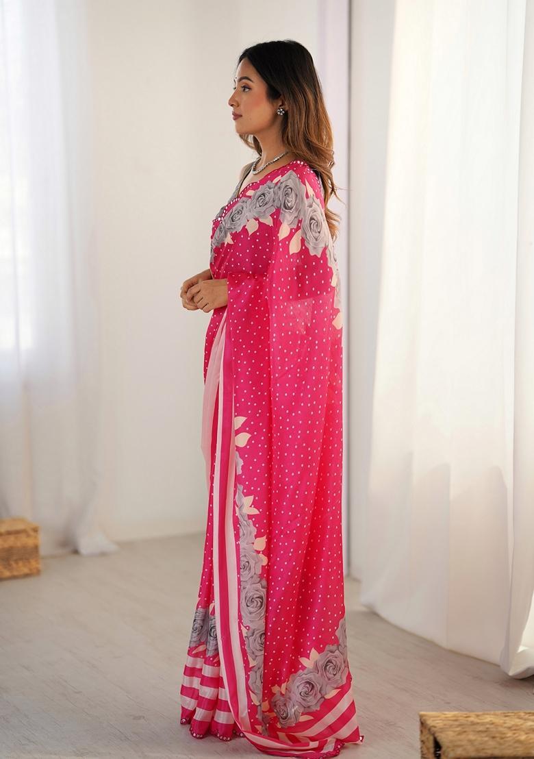 Pink Embellished Chinon Saree Set - Indya