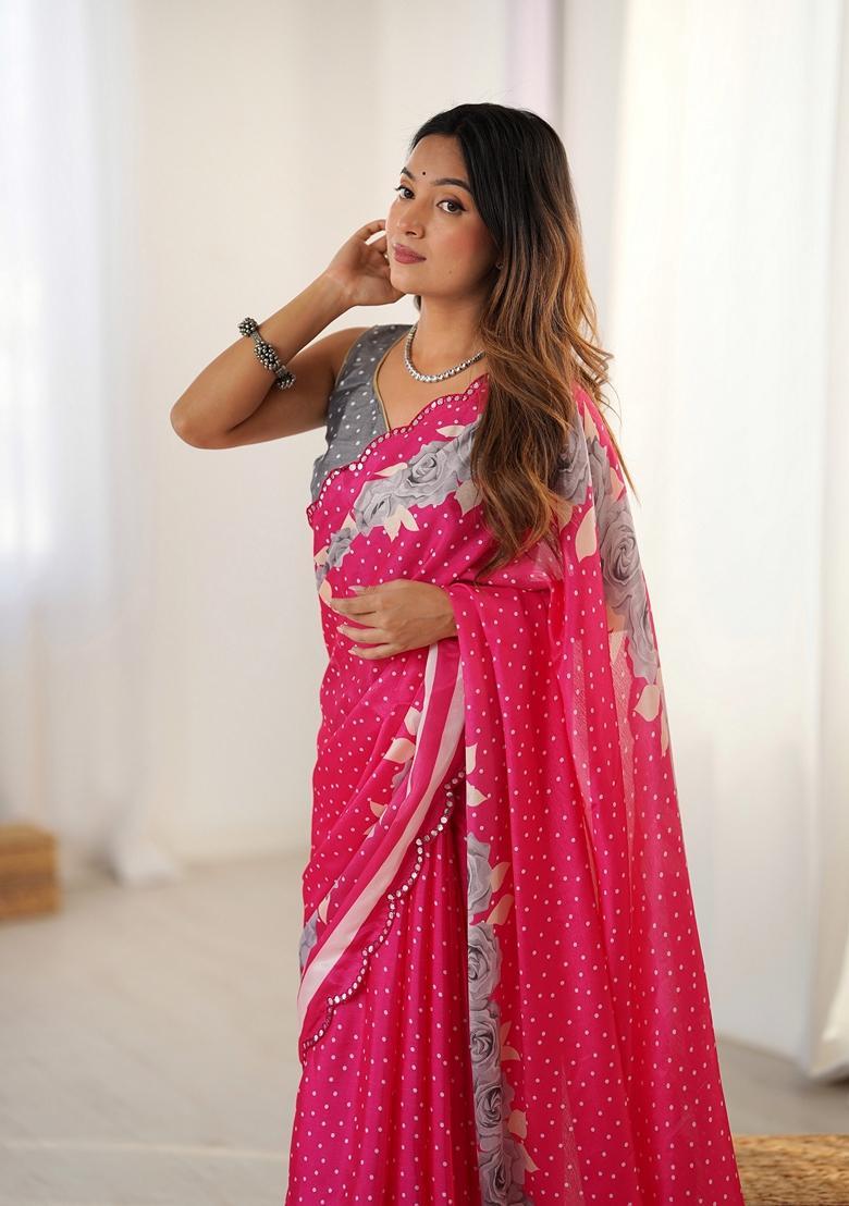 Pink Embellished Chinon Saree Set - Indya