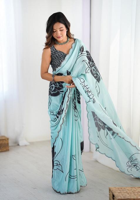 Aqua Embellished Chinon Saree Set