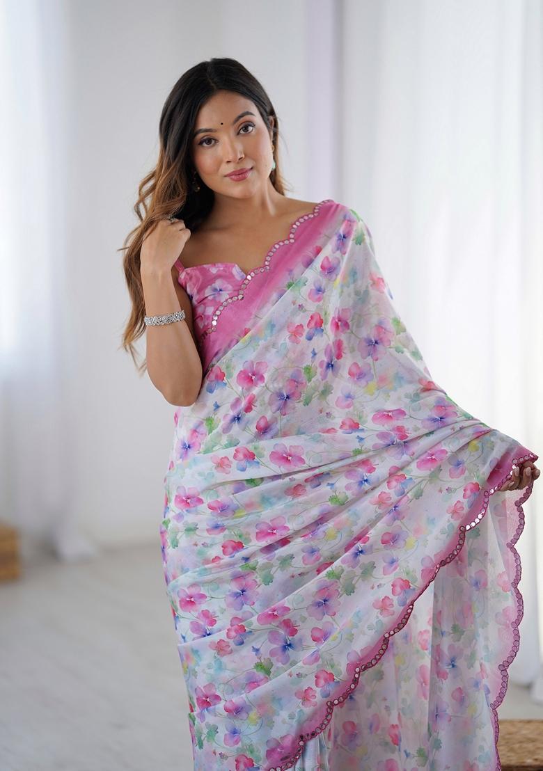 White Embellished Chinon Saree Set - Indya