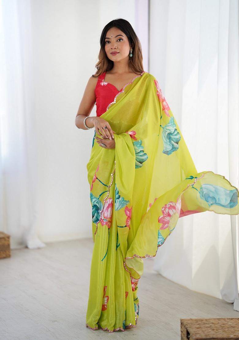 Lime Embellished Chinon Saree Set - Indya