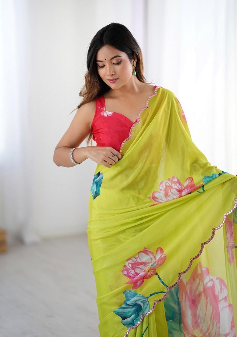 Lime Embellished Chinon Saree Set - Indya