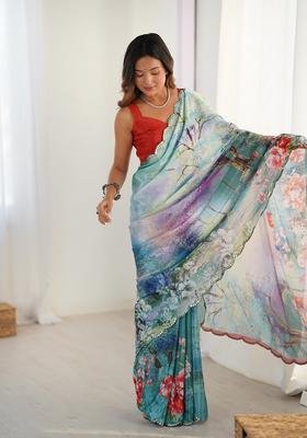 Multicolor Embellished Chinon Saree Set