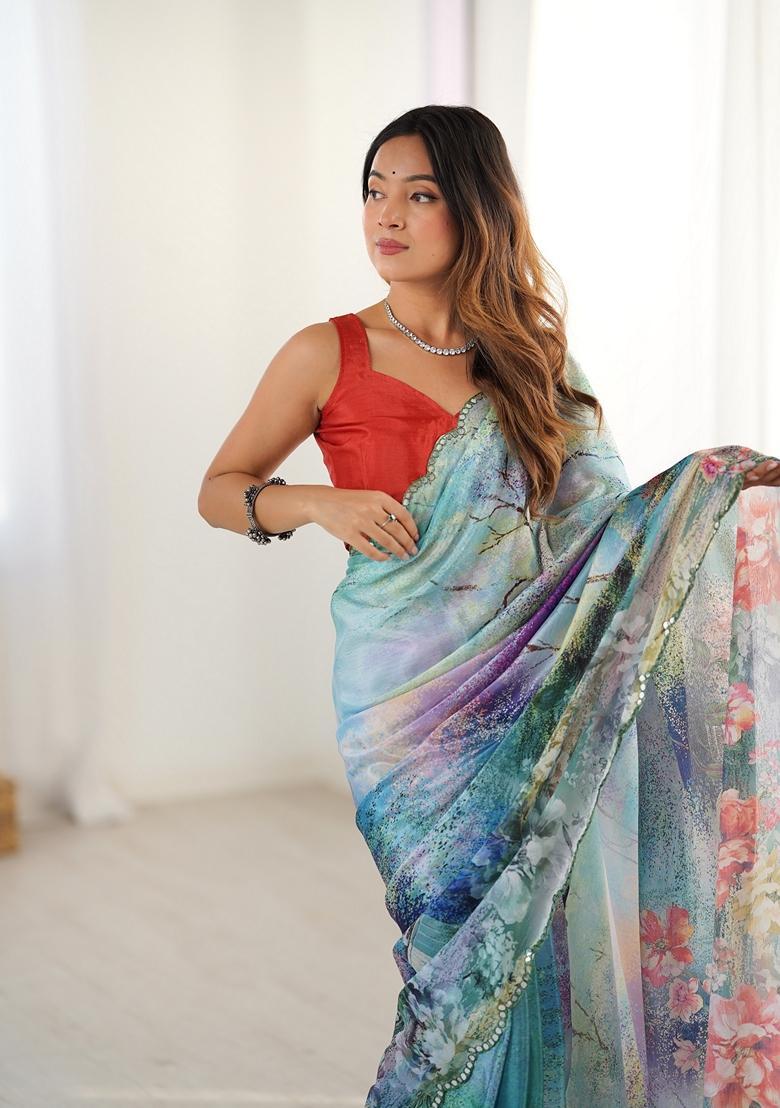 Multicolor Embellished Chinon Saree Set - Indya