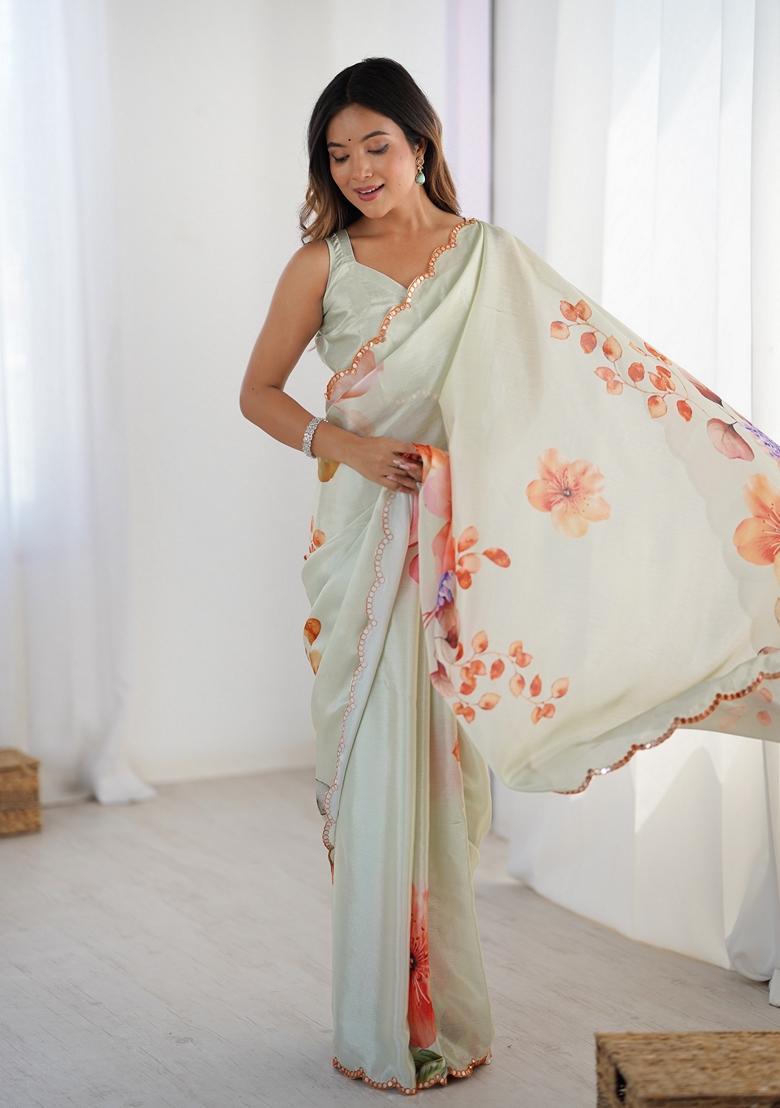 Off White Embellished Chinon Saree Set - Indya